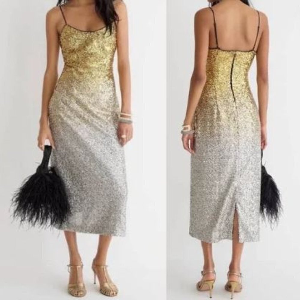 J. Crew NWT Gwyneth Gold and Silver Ombré Sequin Slip Dress Women's Size 4